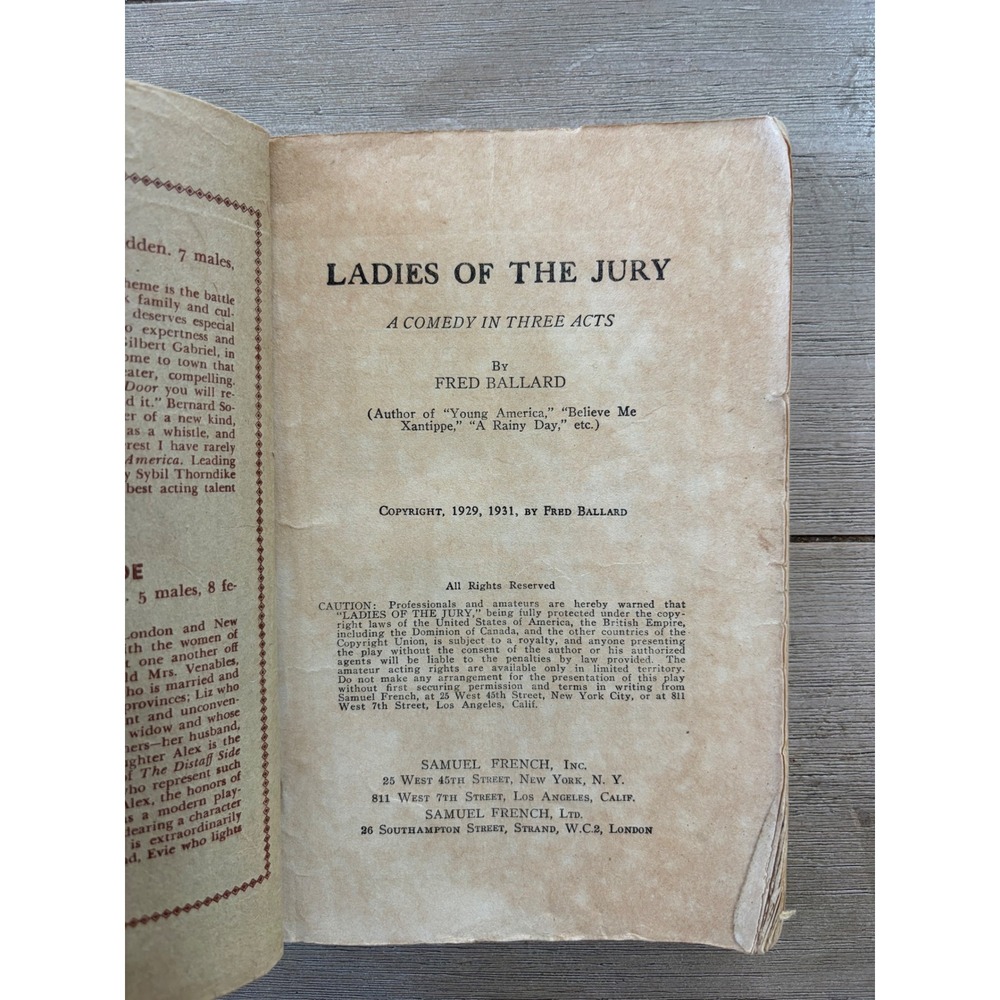 Ladies of the Jury Fred Ballard 1931 Samuel French Standard Library Edition Play - Picture 2 of 5